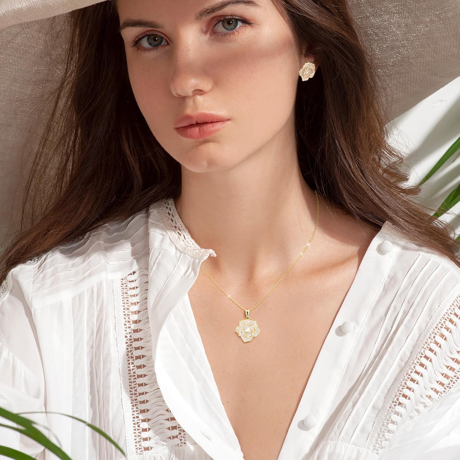 Rose Flower Earring Necklace Set - 14k Gold Plated Hypoallergenic Jewelry Sets For Women, Trendy Cubic Zirconia Floral Earring Pendant Necklace Anniversary Birthday Gift for Her