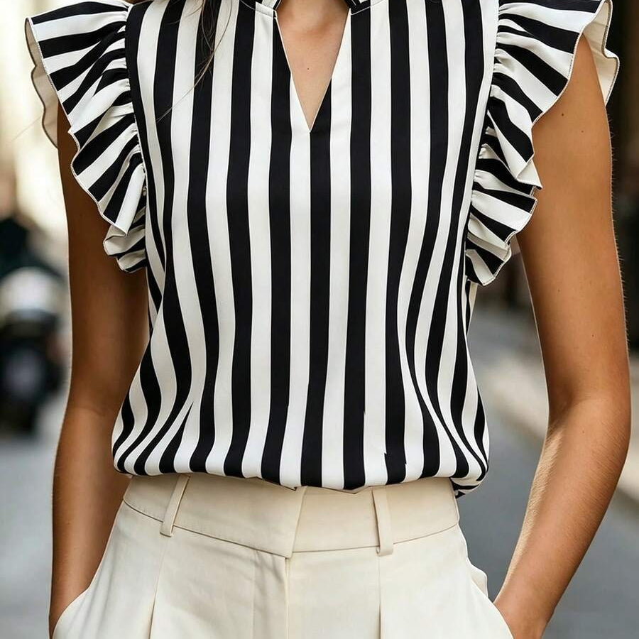 Women's Retro Ruffle-Trim Printed Sleeveless Top