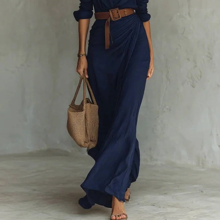 Women's Elegant Belted Irregular Ruffle Long Dress – Slim Waist