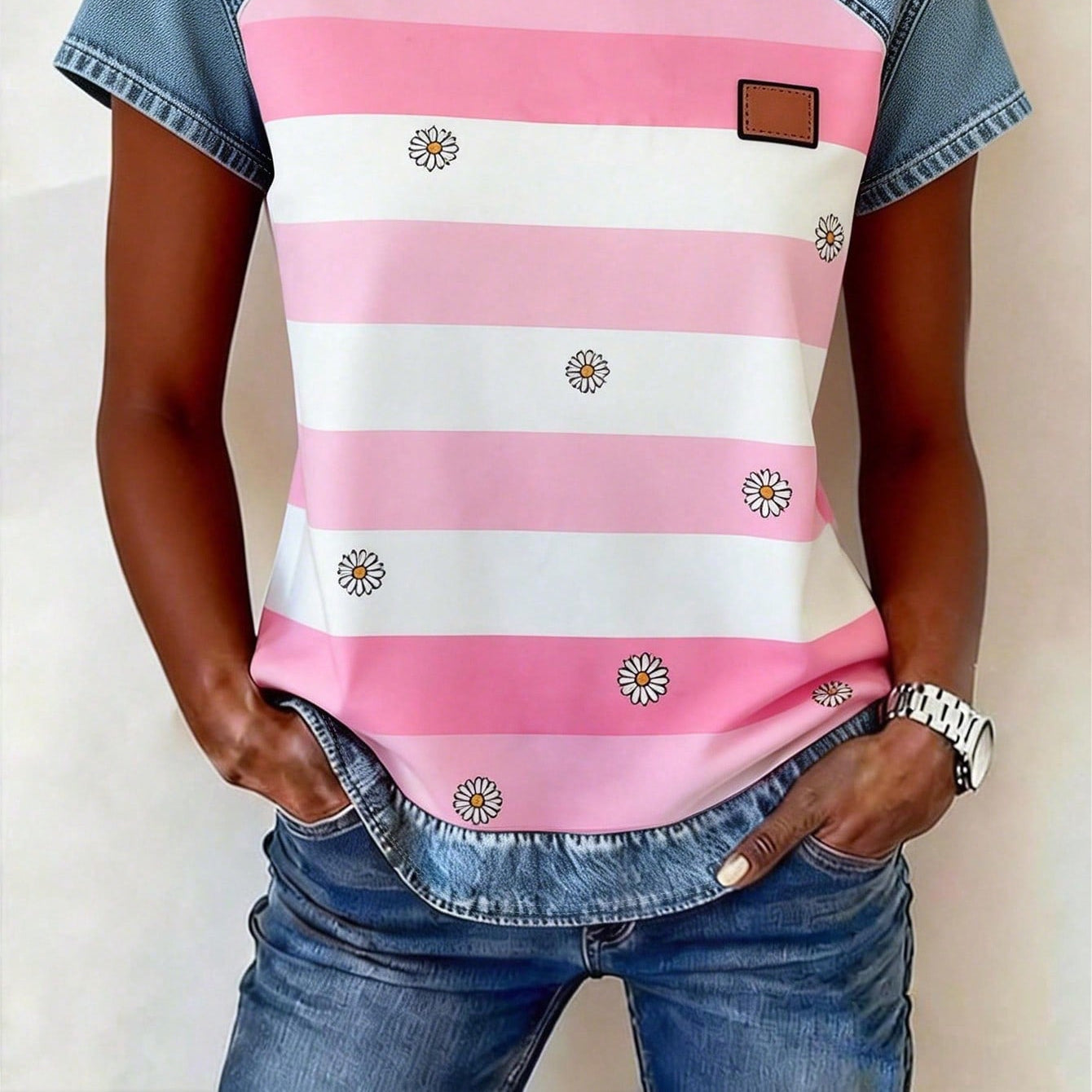 Women's Retro Denim Patchwork Short-Sleeve Shirt – Loose Fit