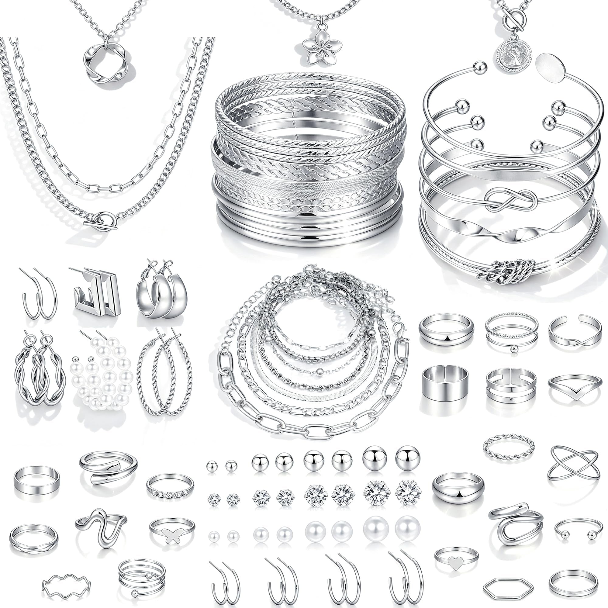 17 MILE 78 Pieces Gold Jewelry Set for Women, 9 Necklace, 24 Bracelet, 22 Earrings, 23 Knuckle Rings Gold Plated Jewerly set for Women Gift