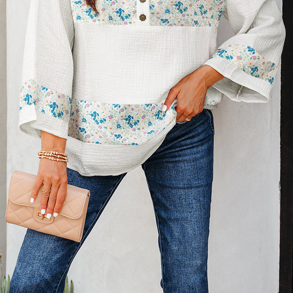 Floral Gauze Patchwork 3/4 Sleeve Blouse