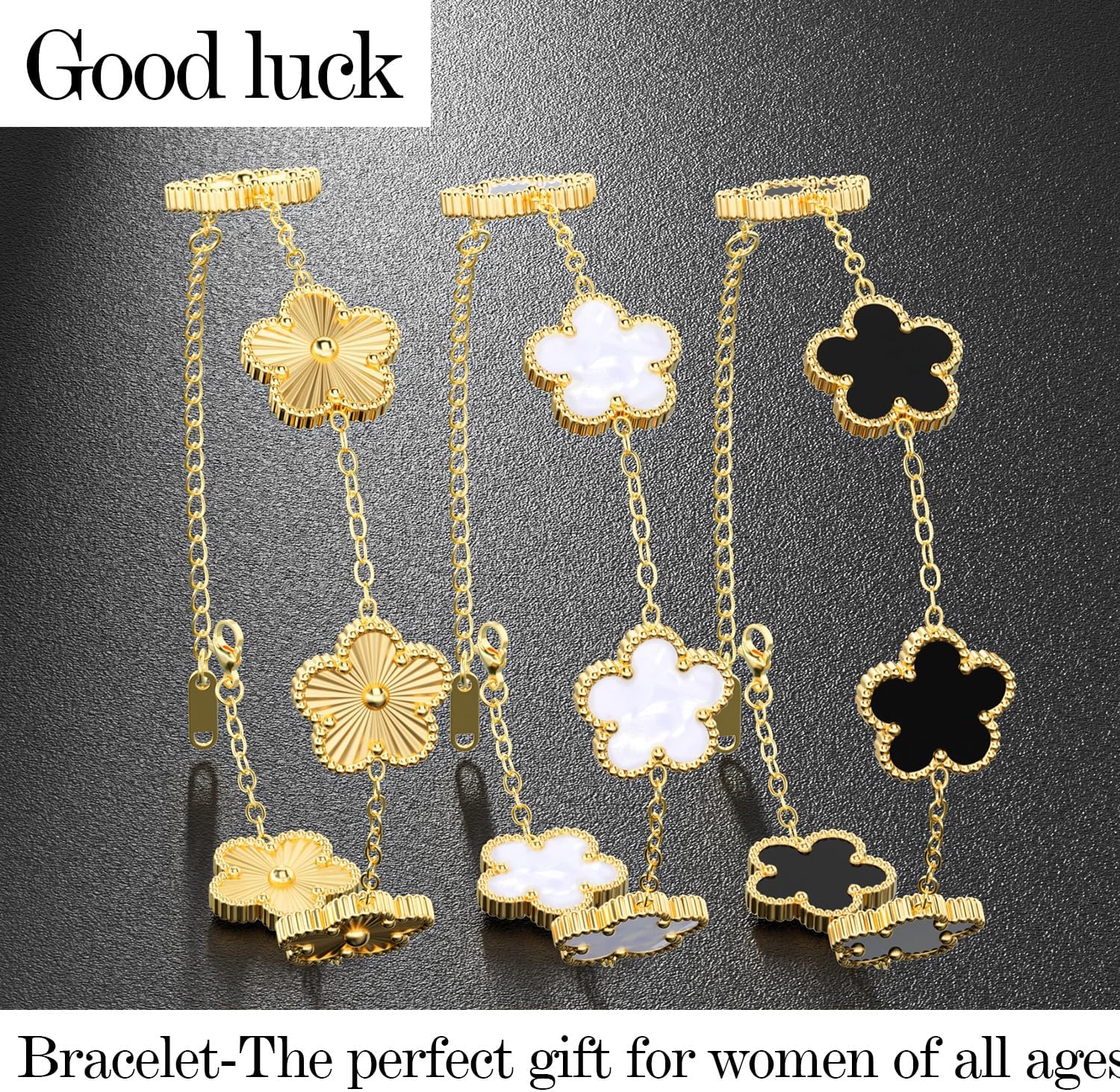 AICase 18K Gold Plated Clover Bracelet Dupes Gold/White/Black Bracelet Set for Women Flower Leaf Lucky Clover Bracelets Trendy Jewelry Birthday Gifts for Women/MoM/Friends