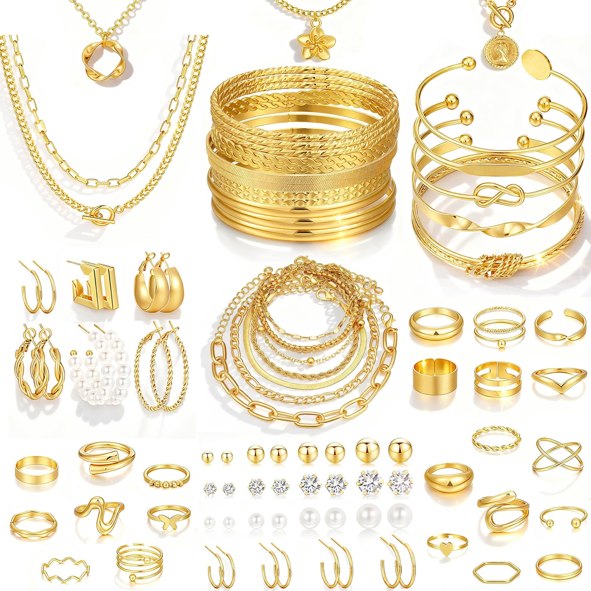 17 MILE 78 Pieces Gold Jewelry Set for Women, 9 Necklace, 24 Bracelet, 22 Earrings, 23 Knuckle Rings Gold Plated Jewerly set for Women Gift