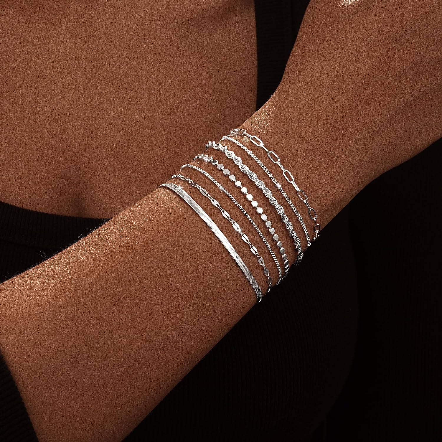 Kyerlyn Silver Bracelets for Women Trendy Waterproof Silver Dainty Bracelet Stack Adjustable Layered Bracelet Set Minimalist Fashion Jewelry