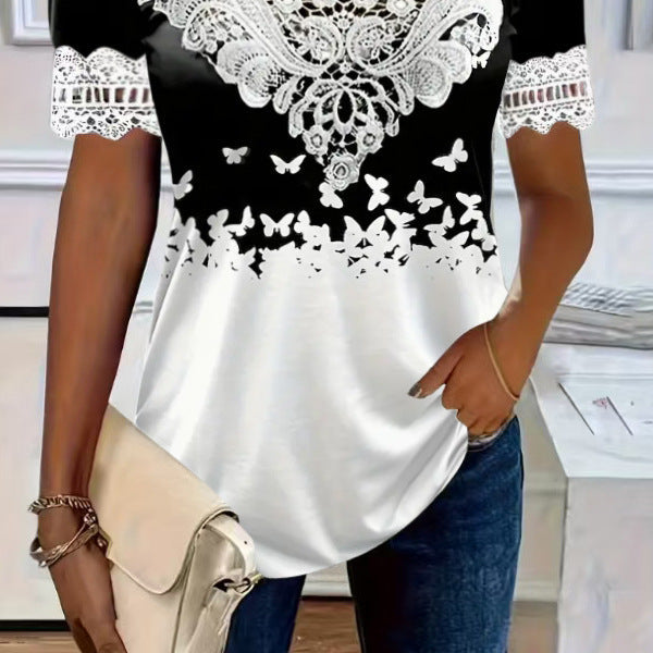 Women's Lace Patchwork Crew Neck Short Sleeve T-Shirt