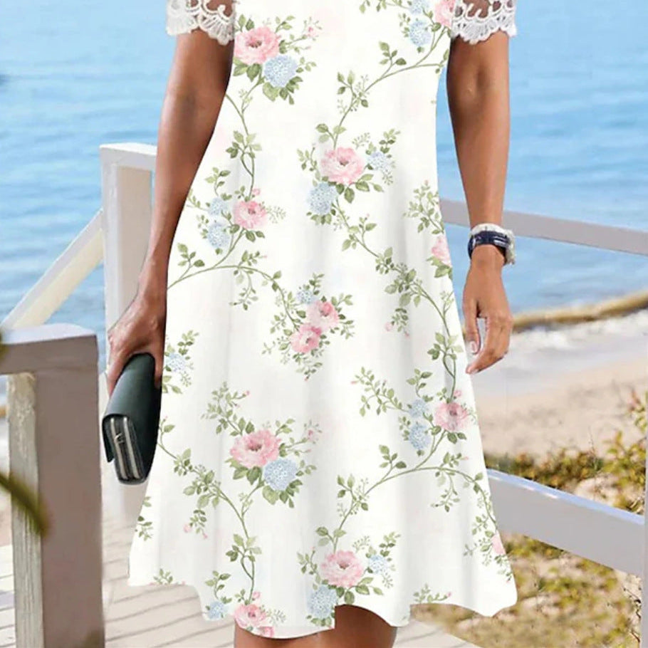Women's Floral Lace Flounce Neckline High-Waist A-Line Midi Dress