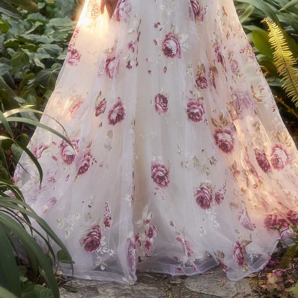 Andrea & Leo A1133 Floor Length Strapless Organza Peony Print Ball Gown