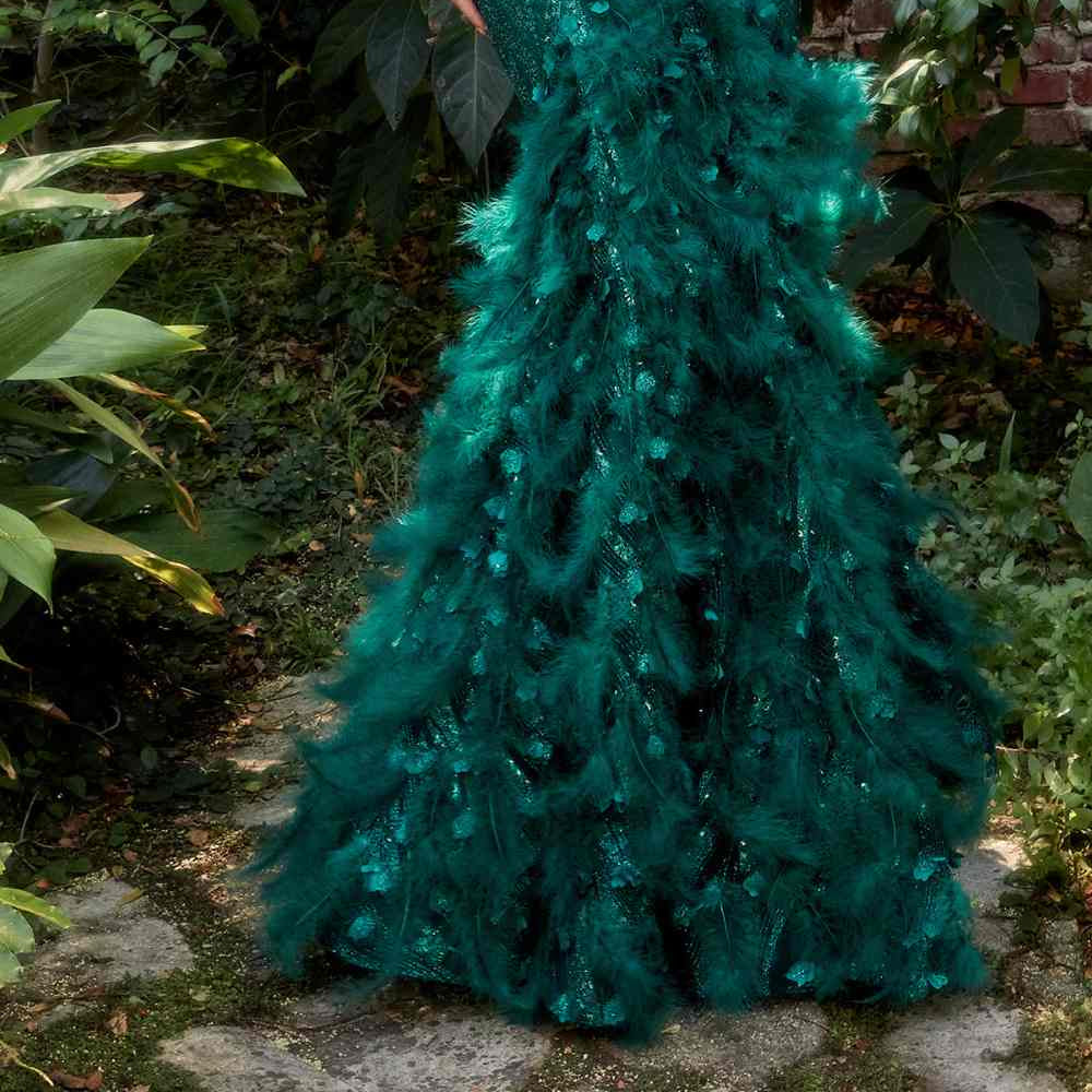 Andrea & Leo A1171 Long Emerald Dust Feather Mermaid Gown