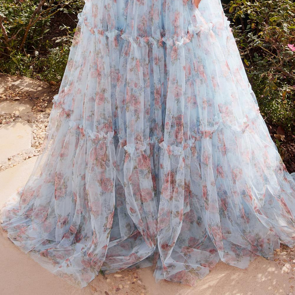 Andrea & Leo A1332 Long Printed Floral Layered Tulle Gown