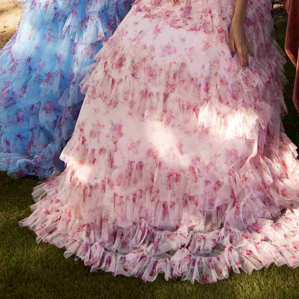 Andrea & Leo A1334 Long Floral Printed Strapless Tiered Skirt Dress