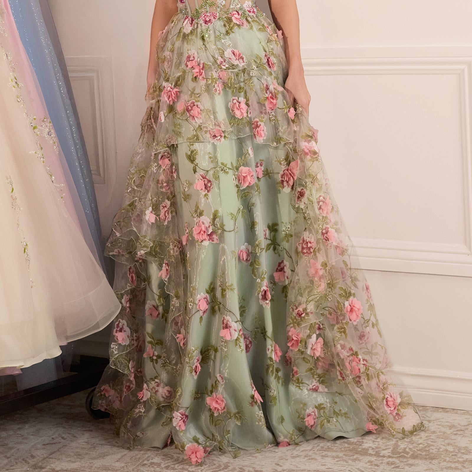 Andrea & Leo A1420 Dress Sage Floral Print Layered A-Line Gown