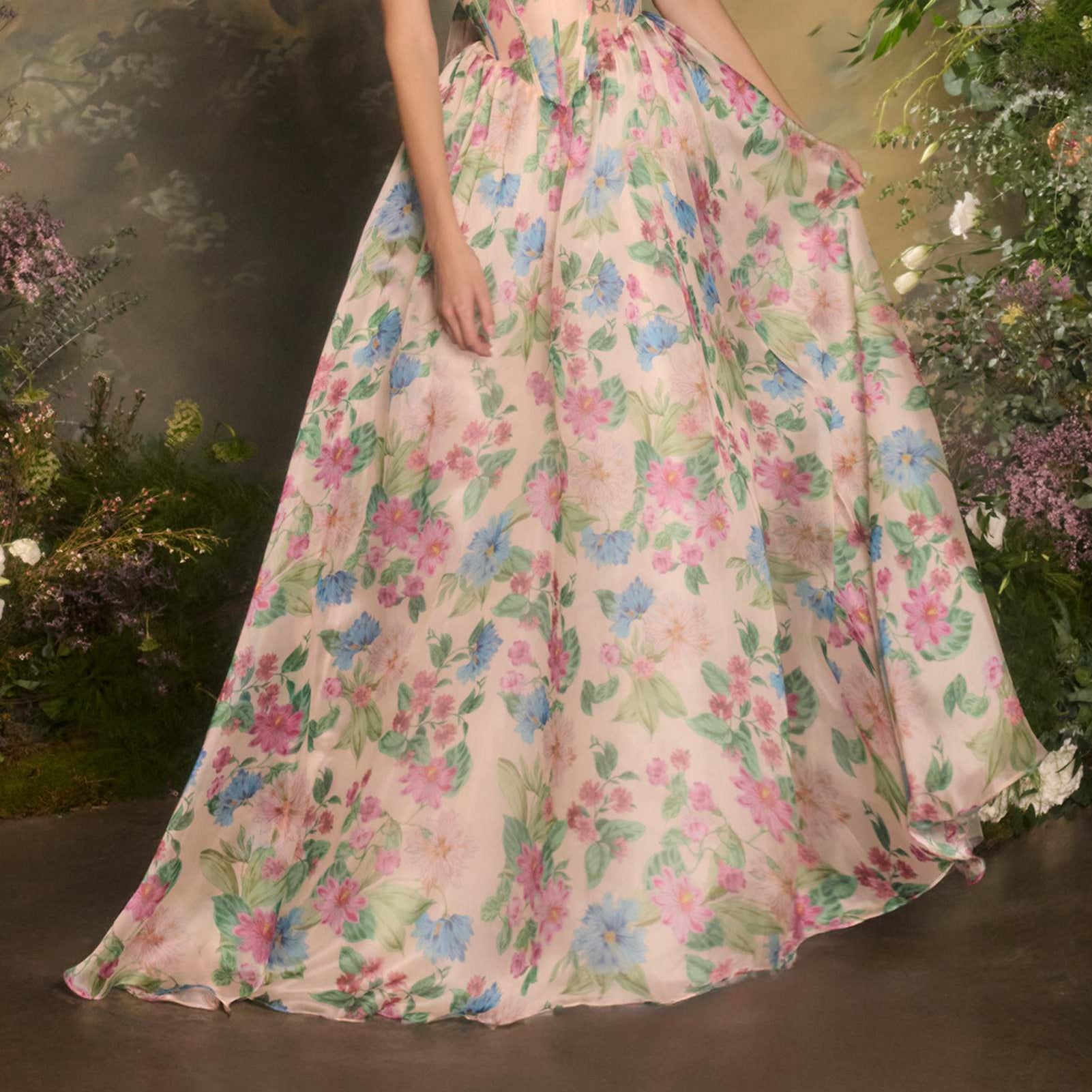 Andrea & Leo A1425 Long A-Line Strapless Corset Bodice Floral Print Gown