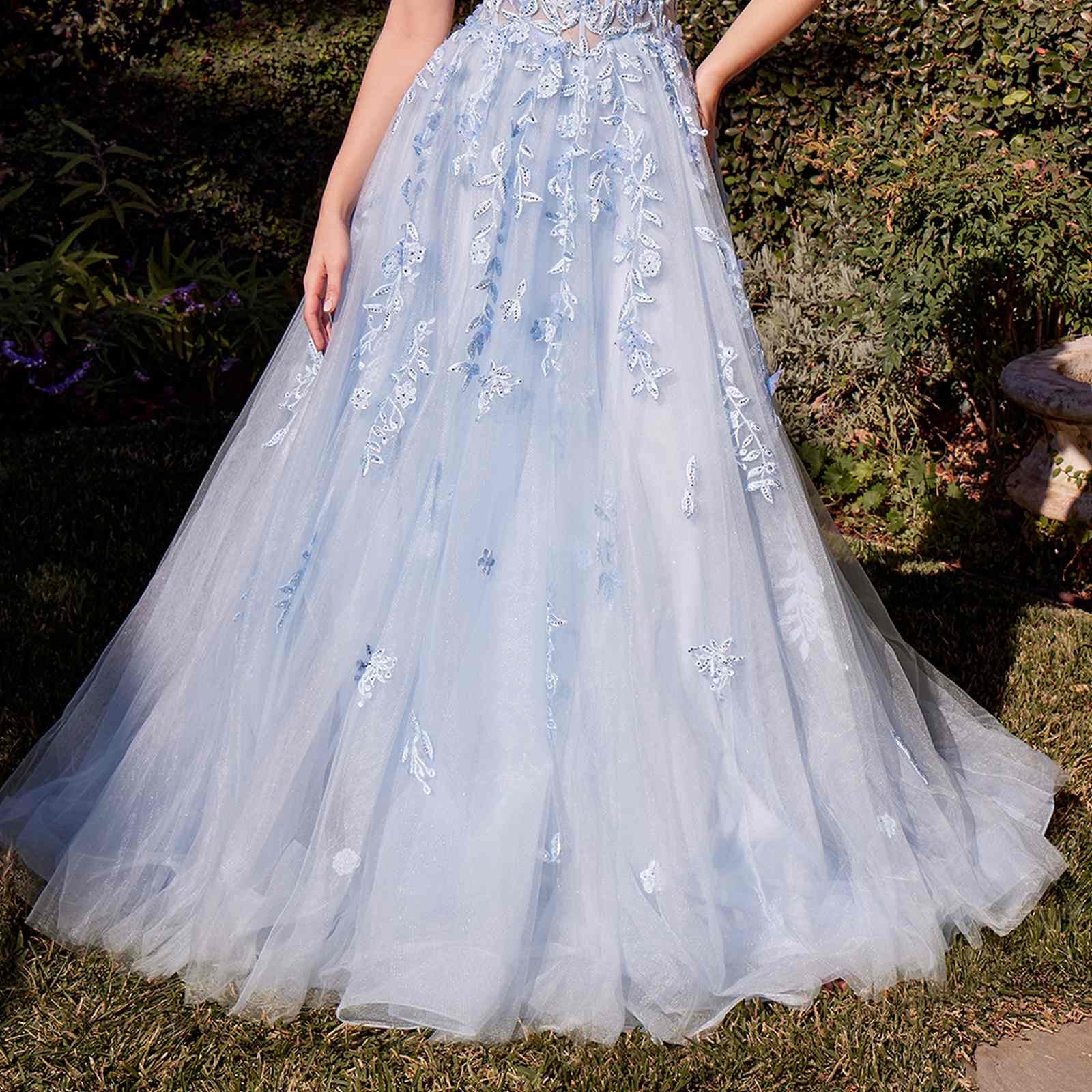 Andrea & Leo A1437 Dress Light Blue Leaf Motif Appliqued A-Line Gown
