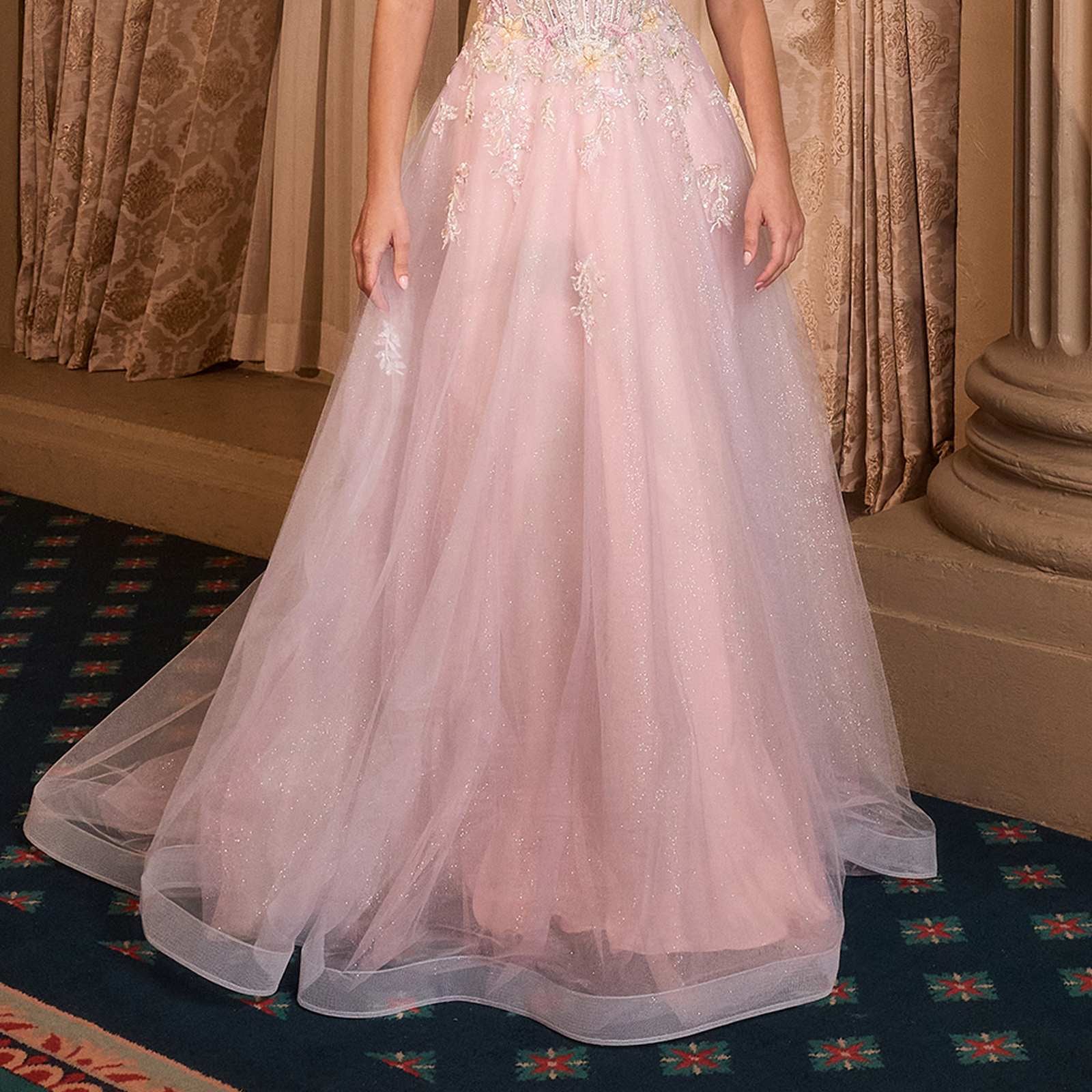 Andrea & Leo A1477 Deep V-Neck Floral Print Applique A-Line Ball Gown