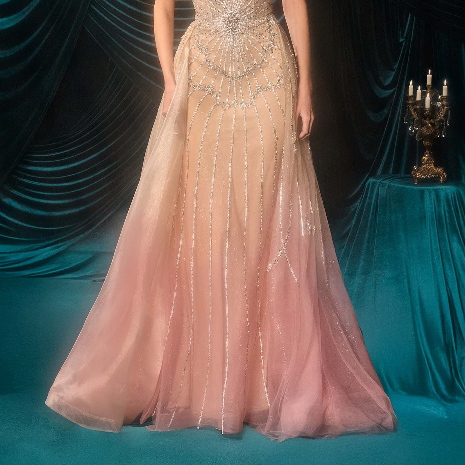 Andrea & Leo A1508 Fitted Layered Overskirt Ombre Pattern Formal Gown