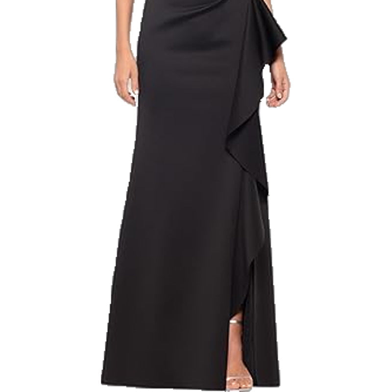 One Shoulder Elegant Solid Color Slim Waist Split Fishtail Side Ruffled Evening Dress