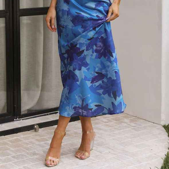 Satin Halter Backless Slit Midi Dress - Print High Neck Elastic Waist Wedding Guest Dress