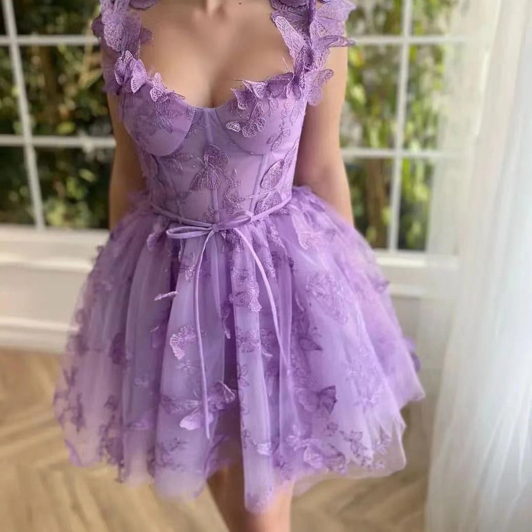 Spaghetti Strap Flower Fairy High-End Gown Banquet Party Elegant Evening Dress