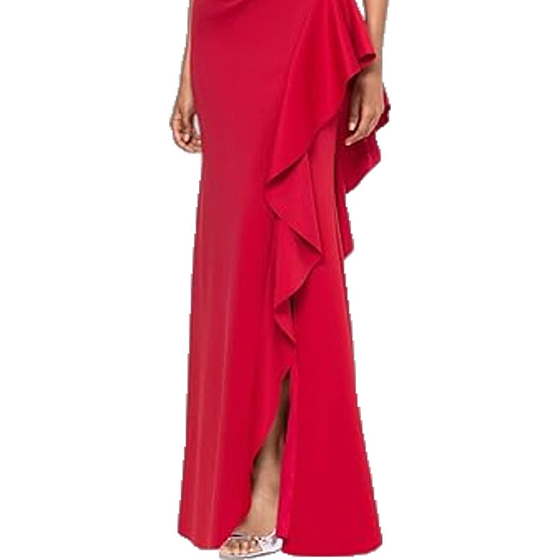 One Shoulder Elegant Solid Color Slim Waist Split Fishtail Side Ruffled Evening Dress