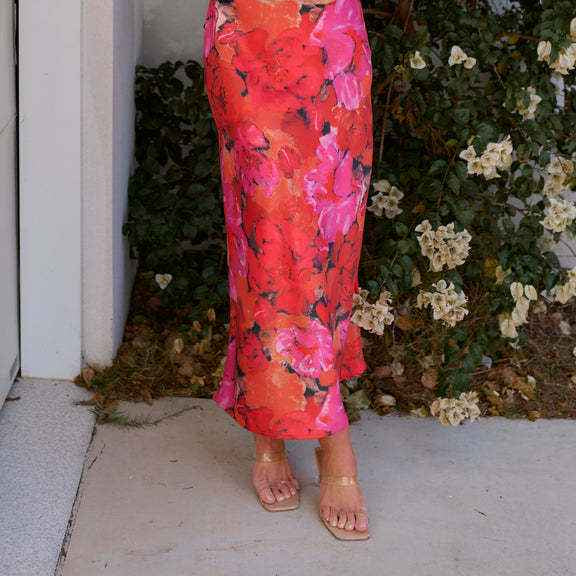 Satin Halter Backless Slit Midi Dress - Print High Neck Elastic Waist Wedding Guest Dress