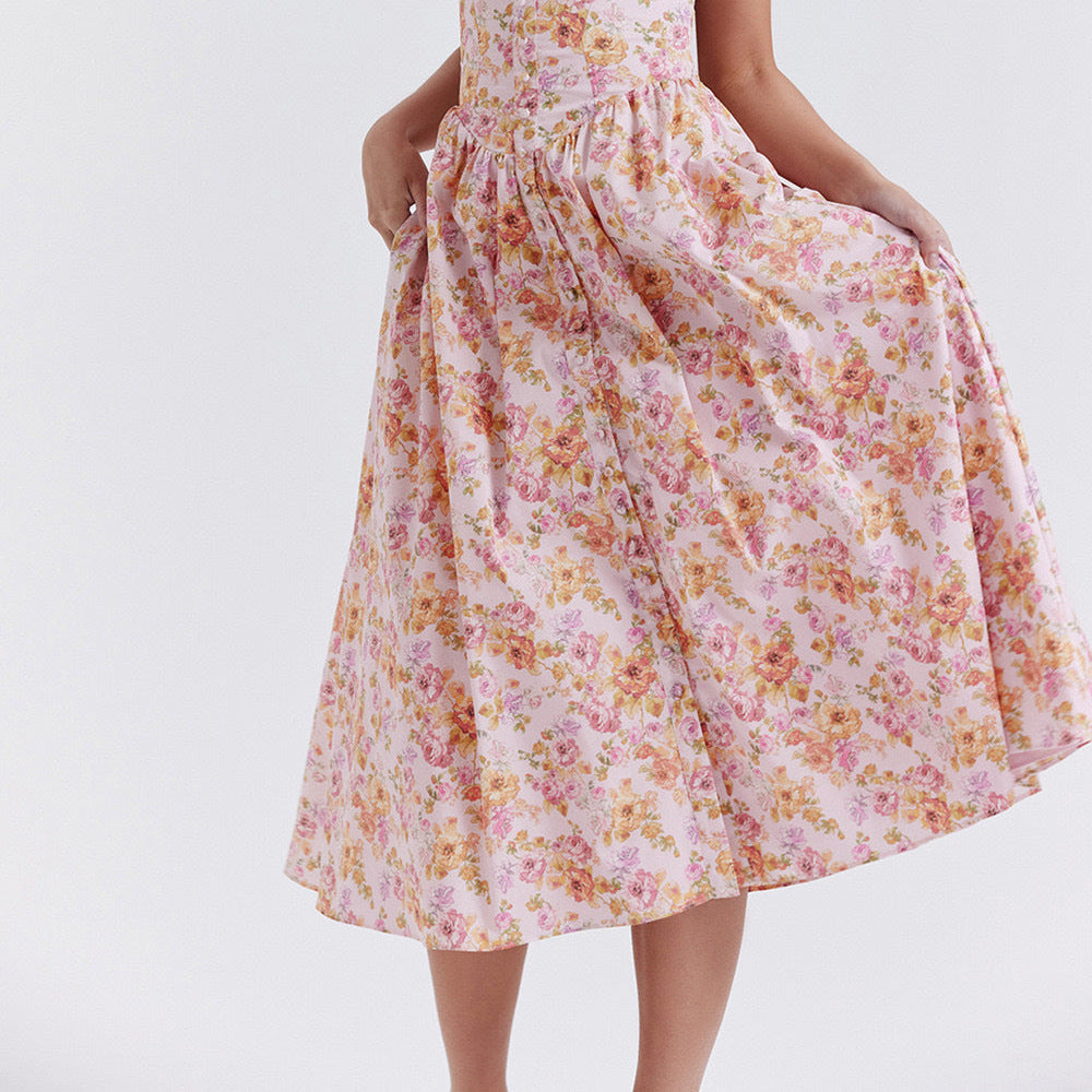 Floral Printed French Lace-Up Halter Dress - Sleeveless Spaghetti Strap Holiday Party Dress with Suspender Detail