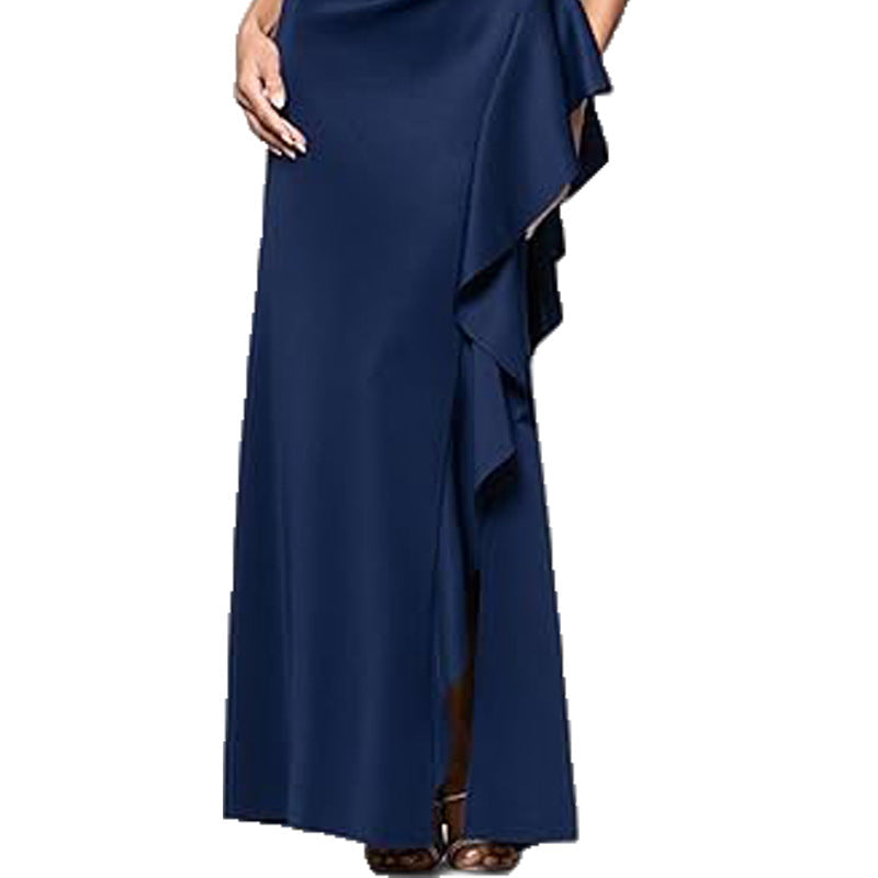 One Shoulder Elegant Solid Color Slim Waist Split Fishtail Side Ruffled Evening Dress