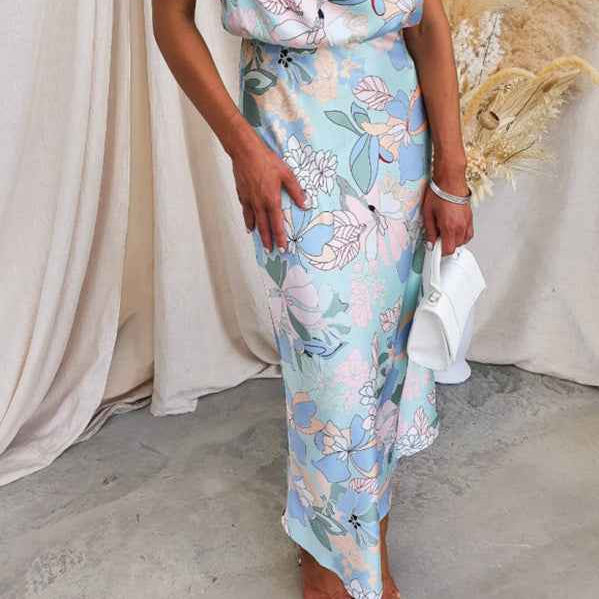 Sleeveless Strap Dress Slim Dress Satin Printing Temperament