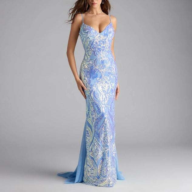 Women Party V neck Blue Sequined Sexy Dress Evening Dress