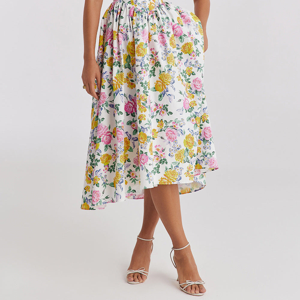Summer Slim Suspender Long Dress Fashion Printed V-Neck Temperament Dress