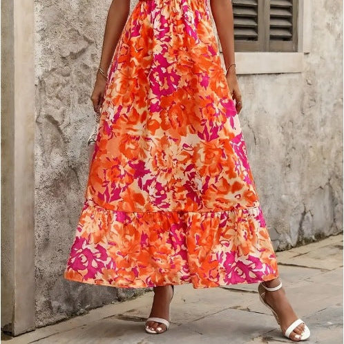 Summer seaside vacation fashion floral print sleeveless dress