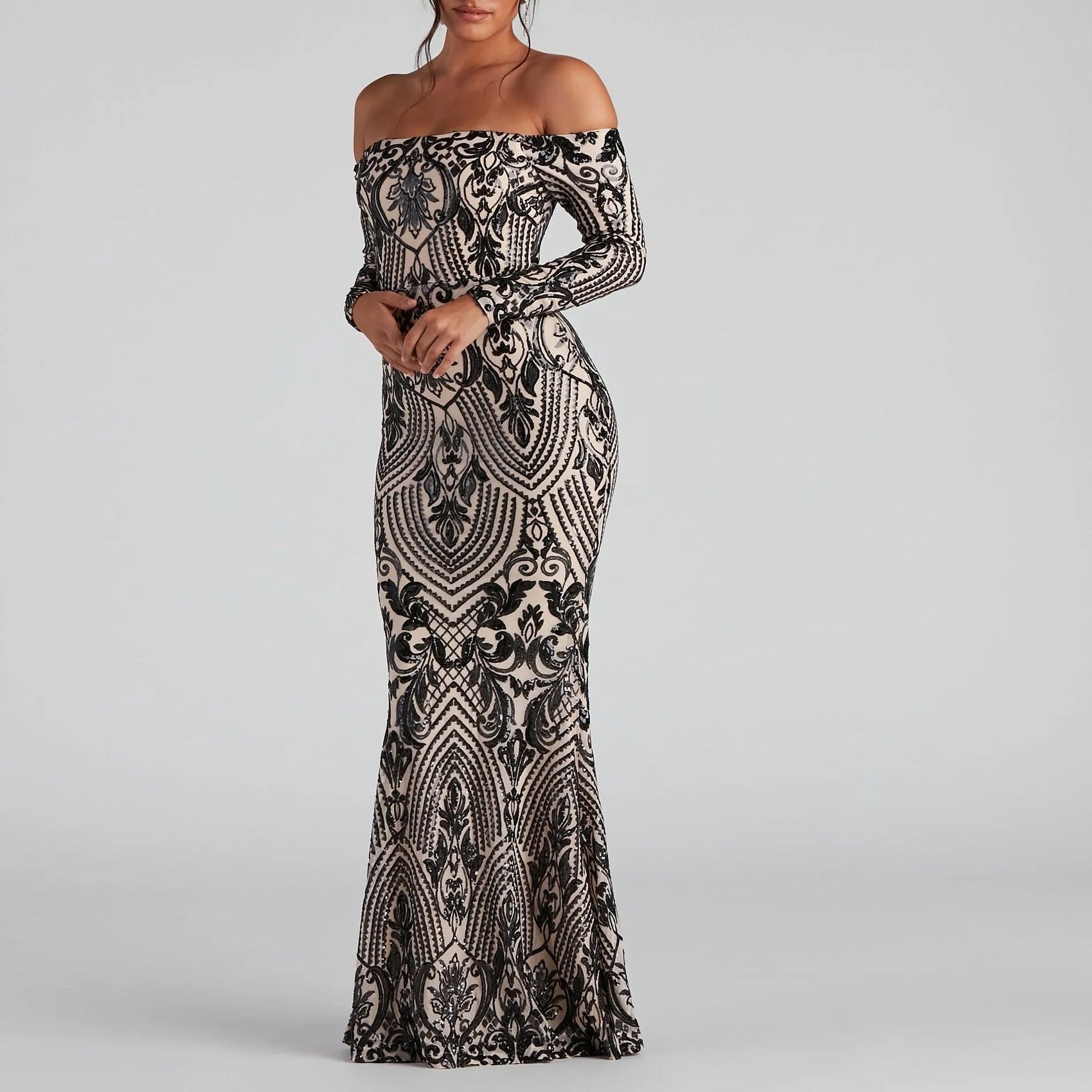 Women Elegant Sequ Sexy off Neck Dress Cocktail Evening Maxi Dress