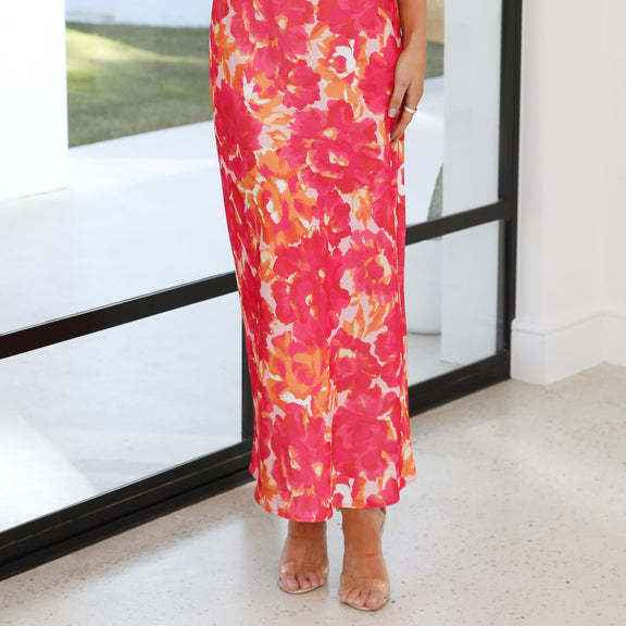 Satin Halter Backless Slit Midi Dress - Print High Neck Elastic Waist Wedding Guest Dress