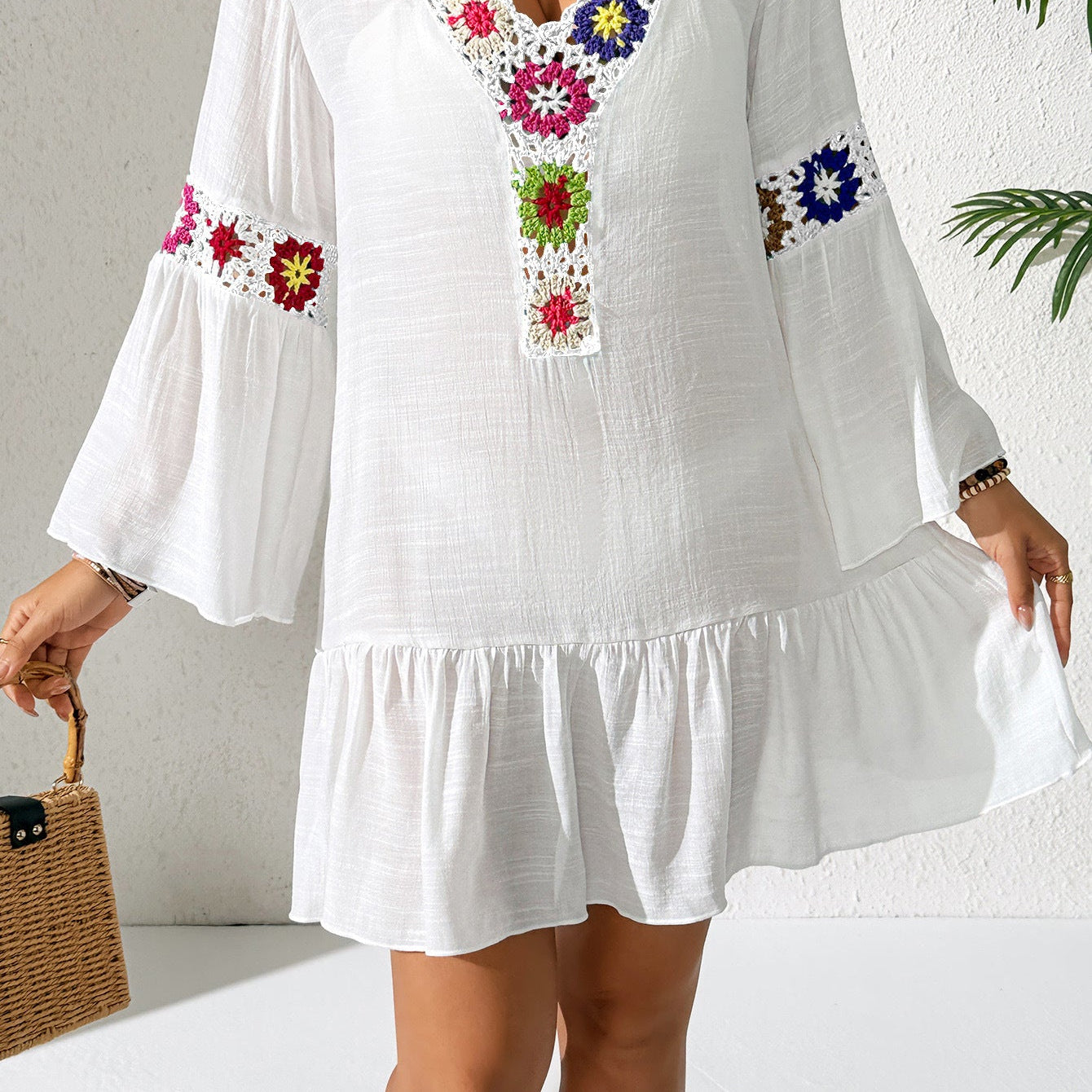 Ladies National Holiday Beach Dress Women Ruffled Stitching Random Mixed Color Crochet V neck Dress