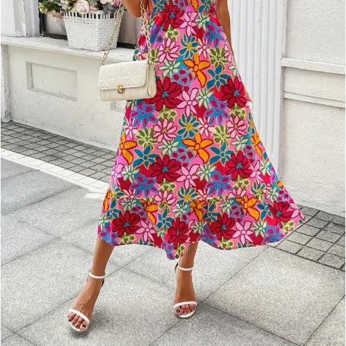 Summer seaside vacation fashion floral print sleeveless dress