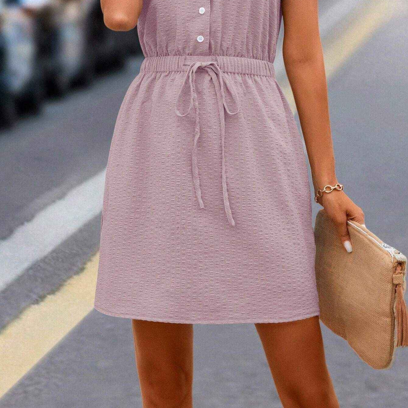 Casual Woven Button Lace Up Waist Solid Color Sleeveless Dress Solid Button Drawstring Waist Dress