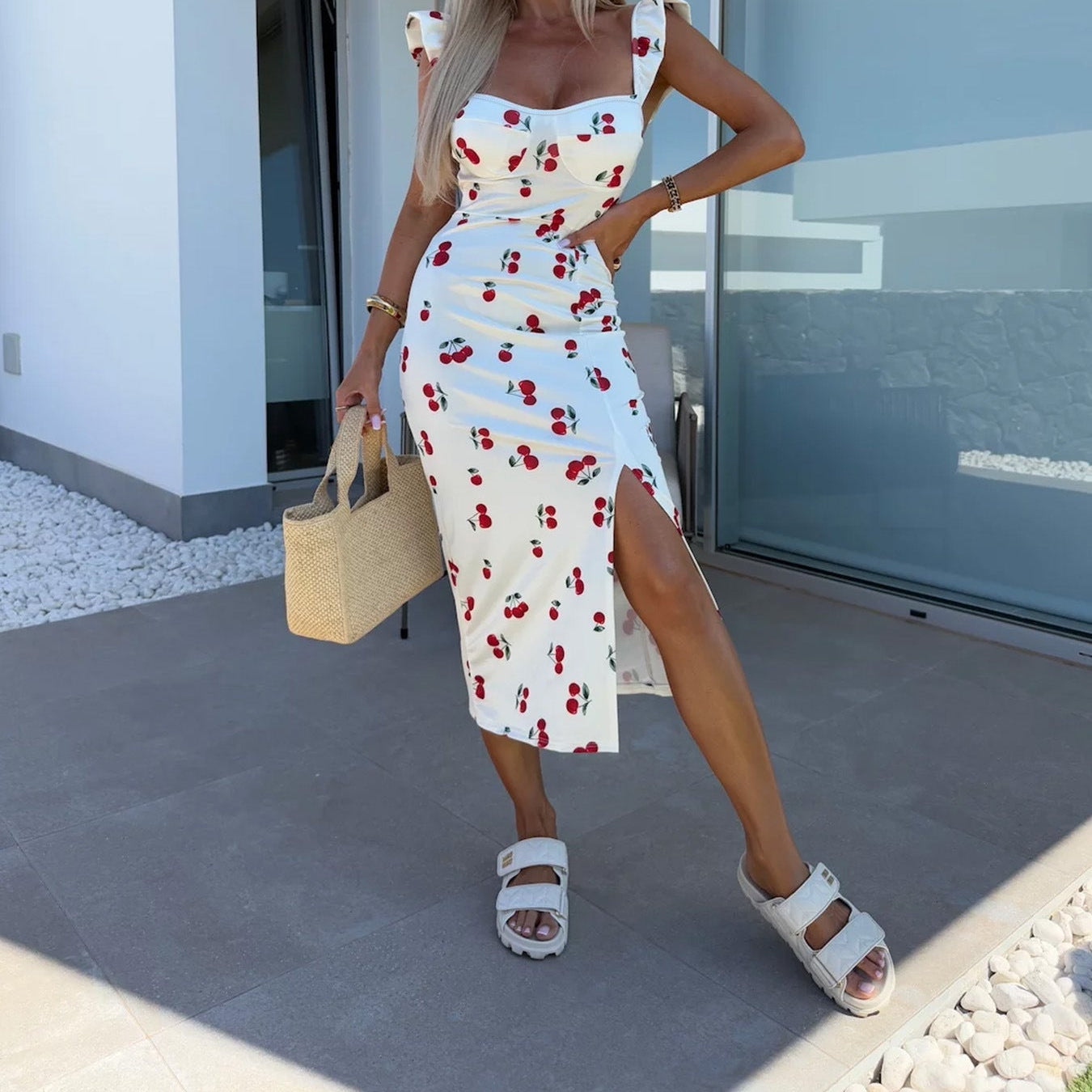 Summer Elegant Design French Floral Spaghetti Strap Slit Midi Dress