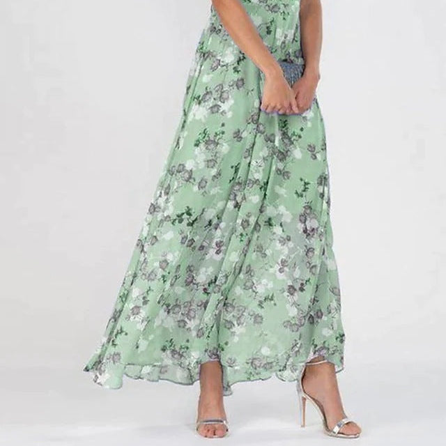 Beach Flared Maxi Dress Chiffon Floral Short Sleeve Ruffle V-Neck Fashion Waist-Defining Dress
