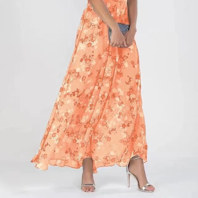 Beach Flared Maxi Dress Chiffon Floral Short Sleeve Ruffle V-Neck Fashion Waist-Defining Dress