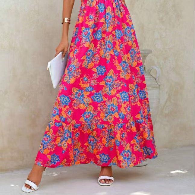 Summer seaside vacation fashion floral print sleeveless dress