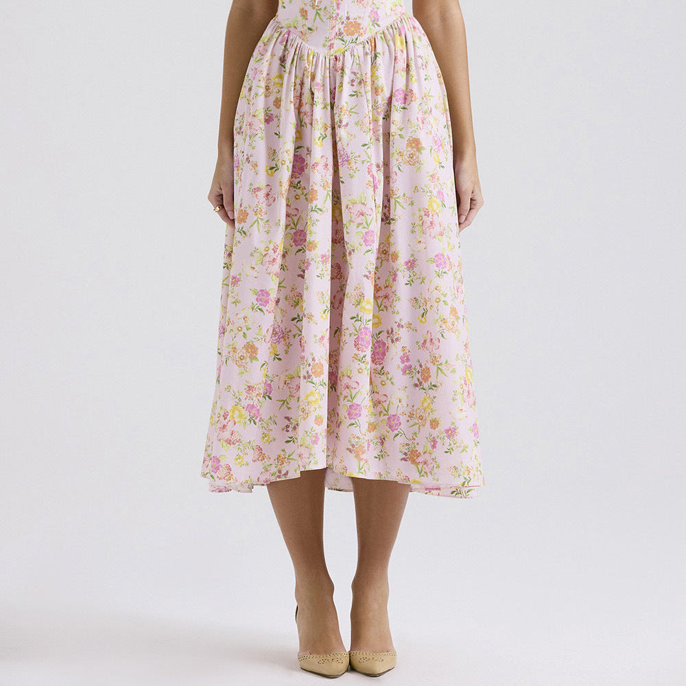 Summer Slim Suspender Long Dress Fashion Printed V-Neck Temperament Dress