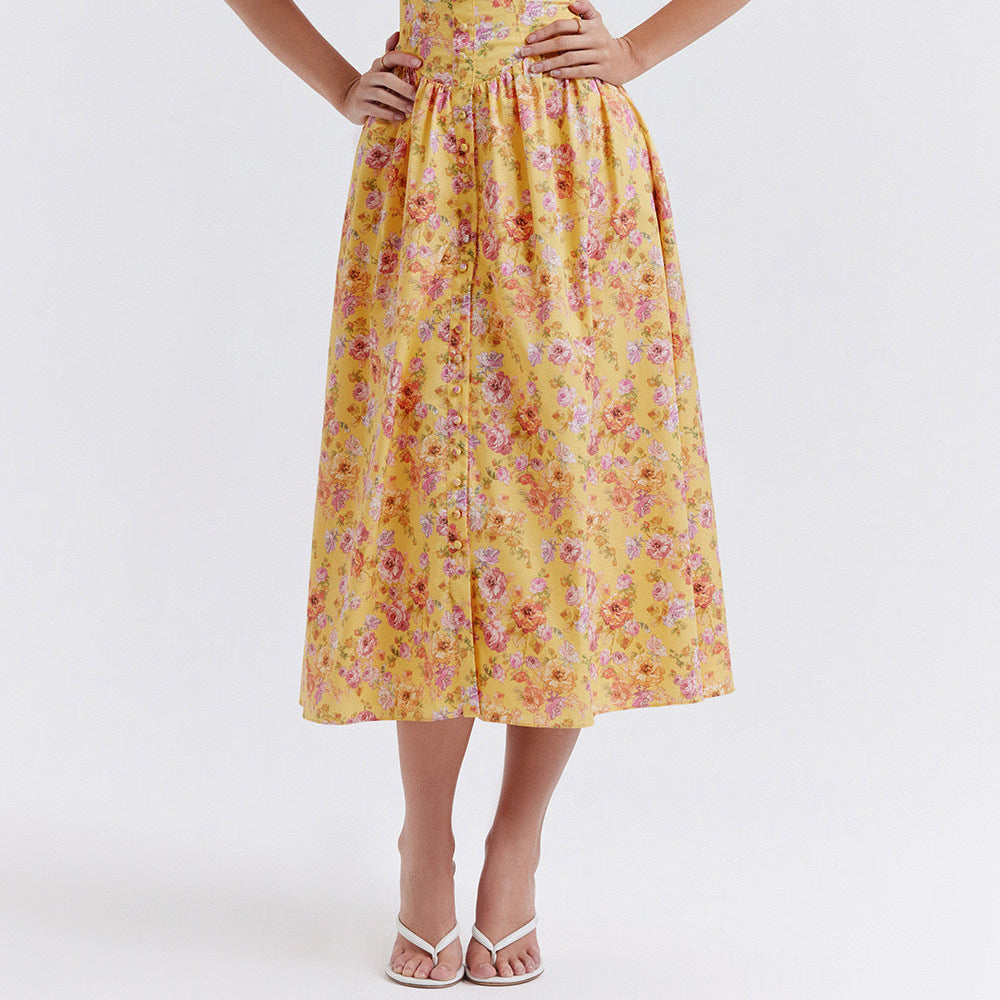 Floral Printed French Lace-Up Halter Dress - Sleeveless Spaghetti Strap Holiday Party Dress with Suspender Detail