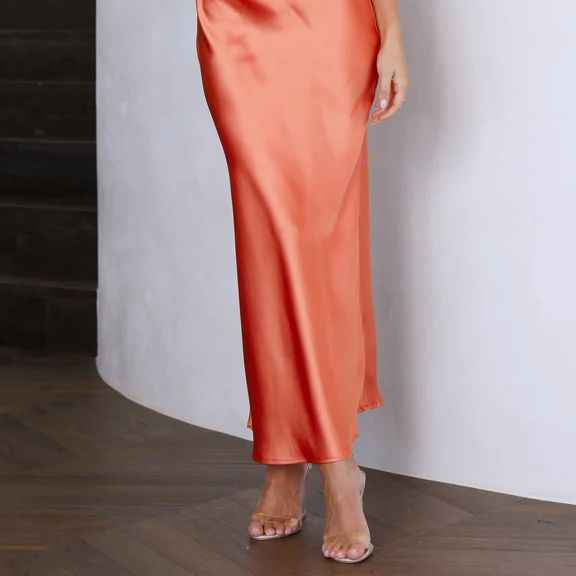 Satin Halter Backless Slit Midi Dress - Print High Neck Elastic Waist Wedding Guest Dress