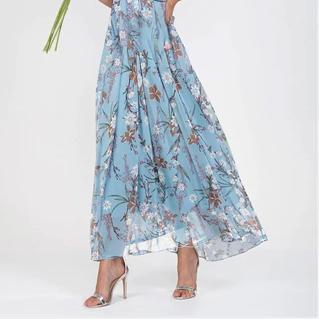 Beach Flared Maxi Dress Chiffon Floral Short Sleeve Ruffle V-Neck Fashion Waist-Defining Dress