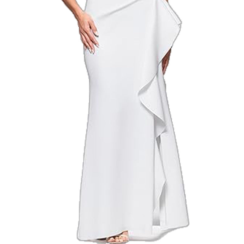 One Shoulder Elegant Solid Color Slim Waist Split Fishtail Side Ruffled Evening Dress