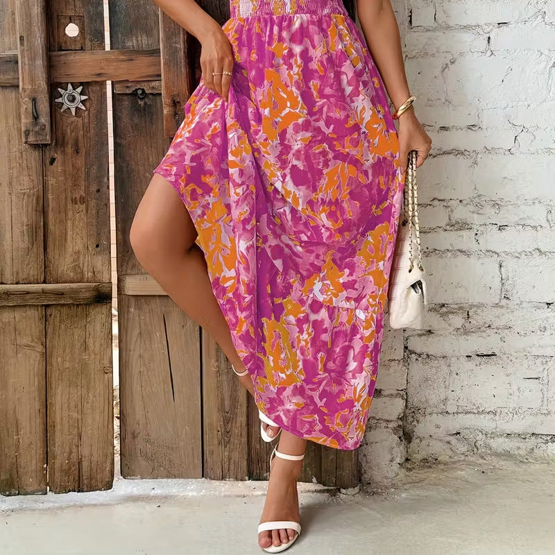 Summer seaside vacation fashion floral print sleeveless dress