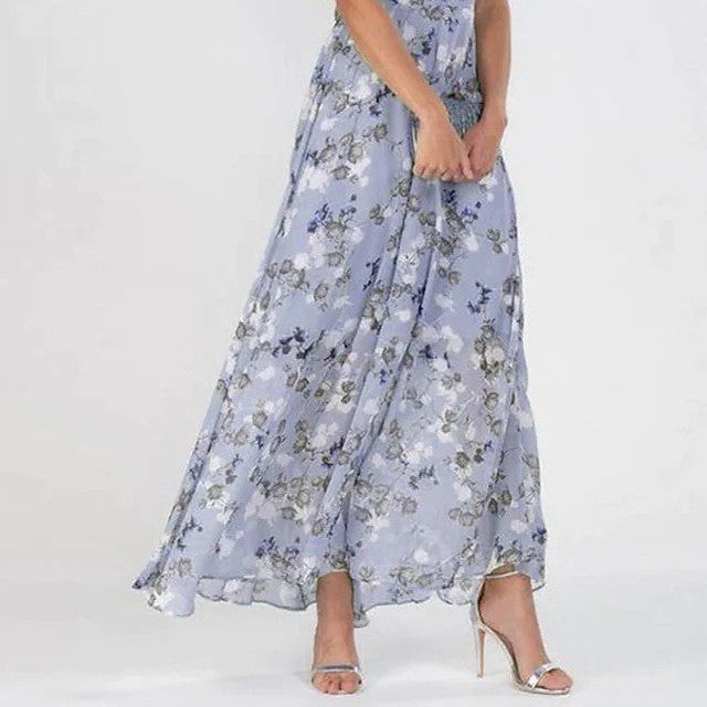Beach Flared Maxi Dress Chiffon Floral Short Sleeve Ruffle V-Neck Fashion Waist-Defining Dress