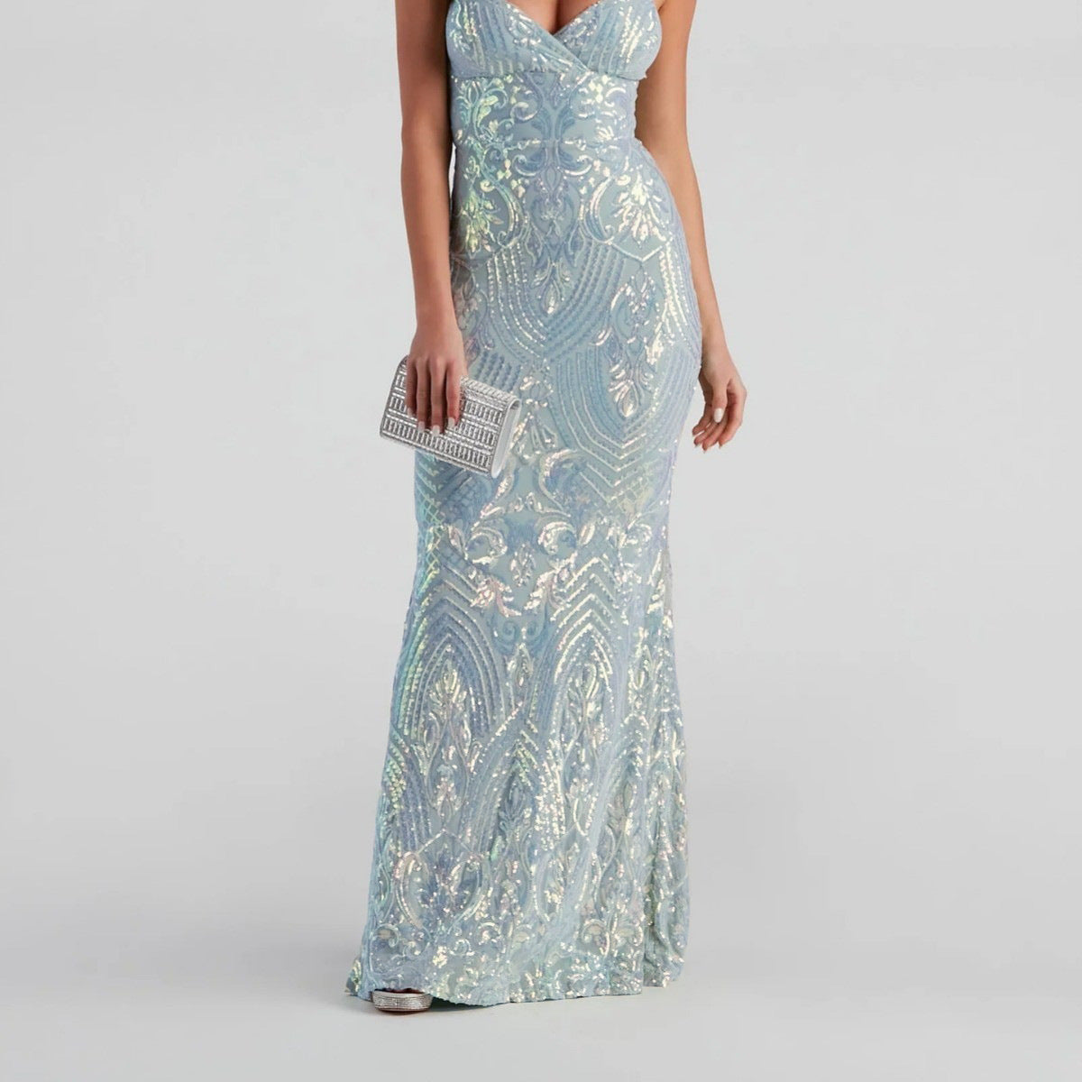 Sexy V neck Sequ Floor Length Evening Dress Elegant Graceful Cocktail Party Formal Dress Women Clothing