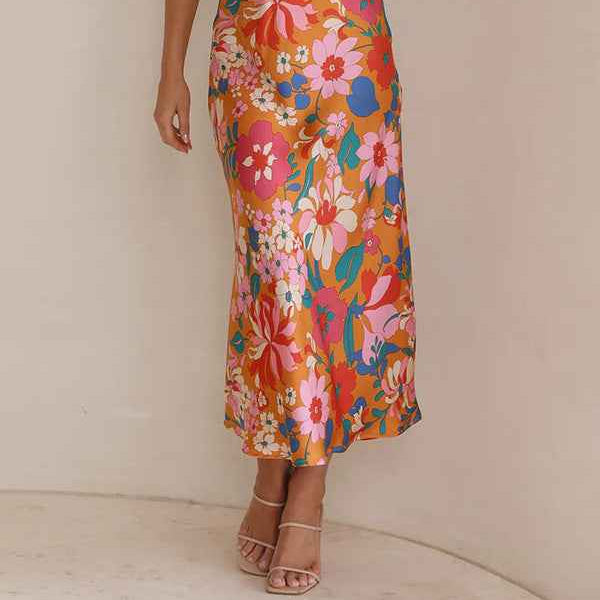 Sleeveless Strap Dress Slim Dress Satin Printing Temperament