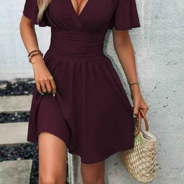 Deep v Waist Skinny Pleated Bubble Sleeve Dress Lantern Sleeve Bridesmaid